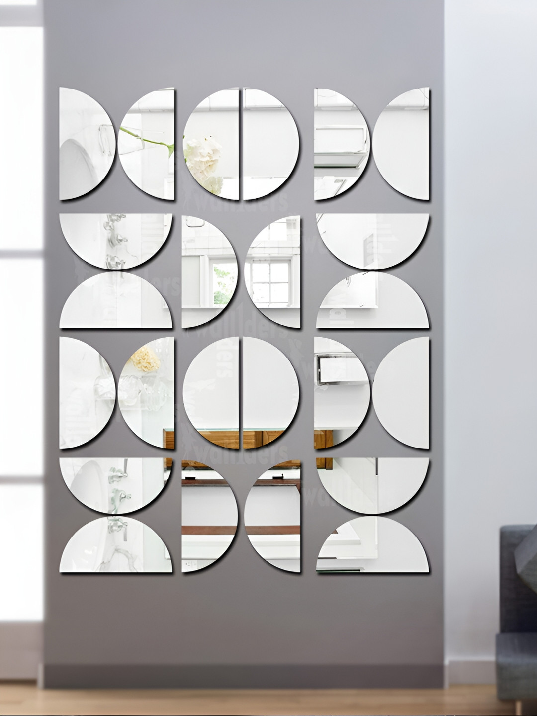 Wall1ders Grey 24Pcs Abstract Half Circle Mirror Wall Stickers
