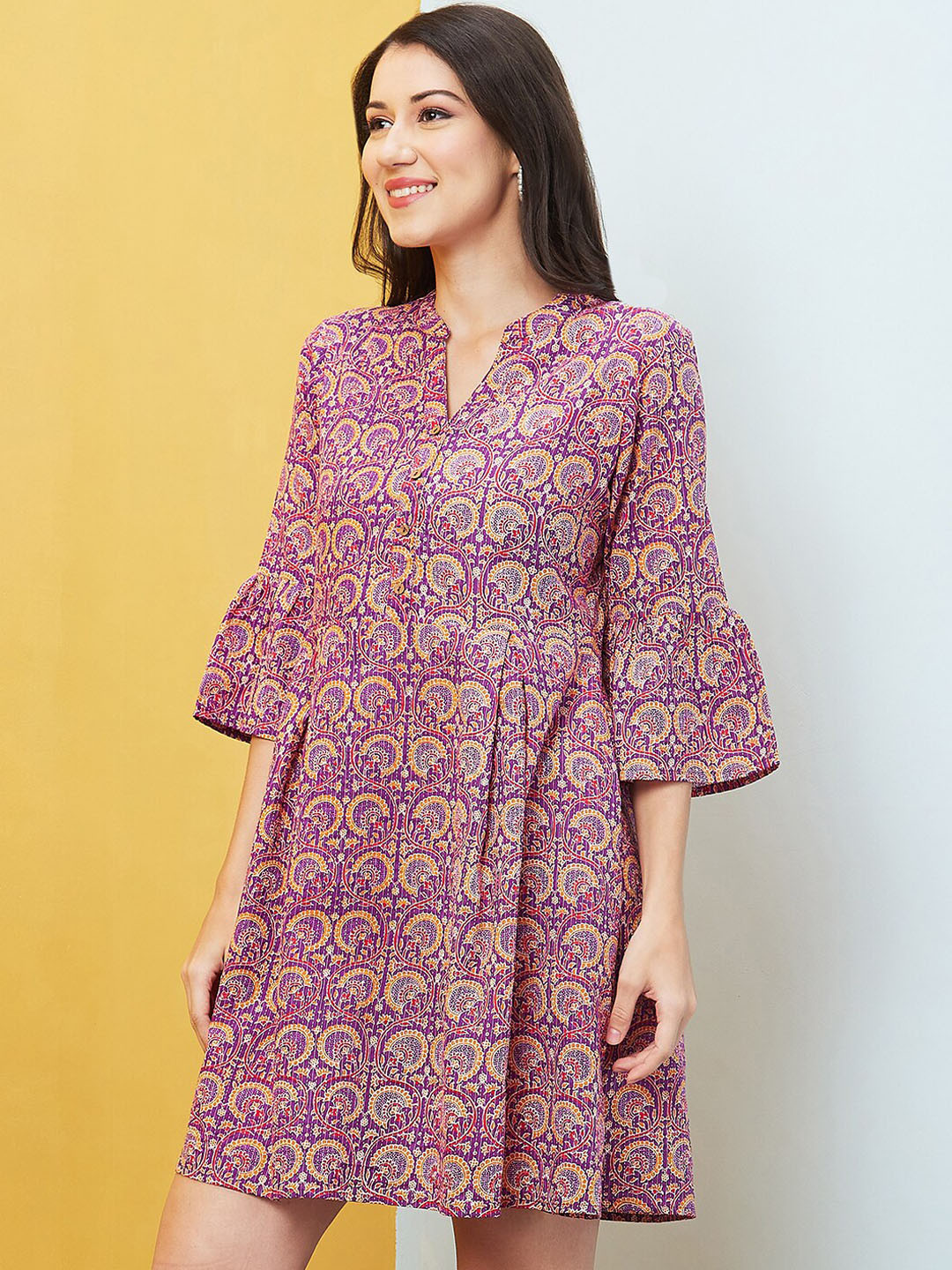 Globus Floral Print Mandarin Collar Flared Fusion A-Line Dress