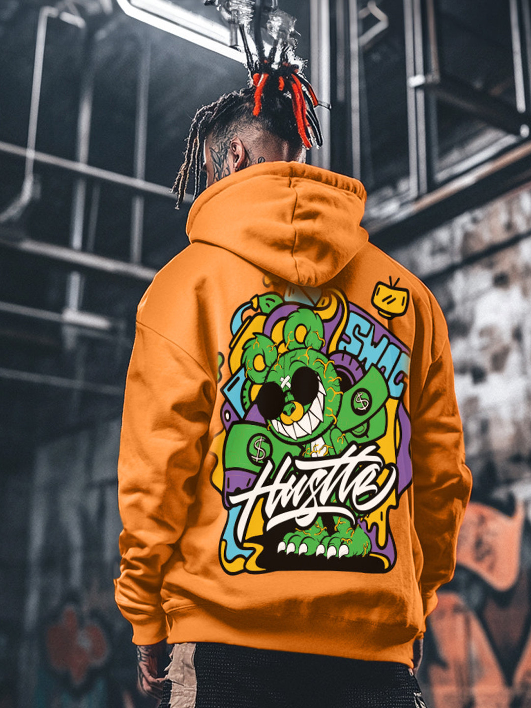 VEIRDO Men Orange Graphic Printed Cotton Fleece Oversized Hooded Pullover Sweatshirt