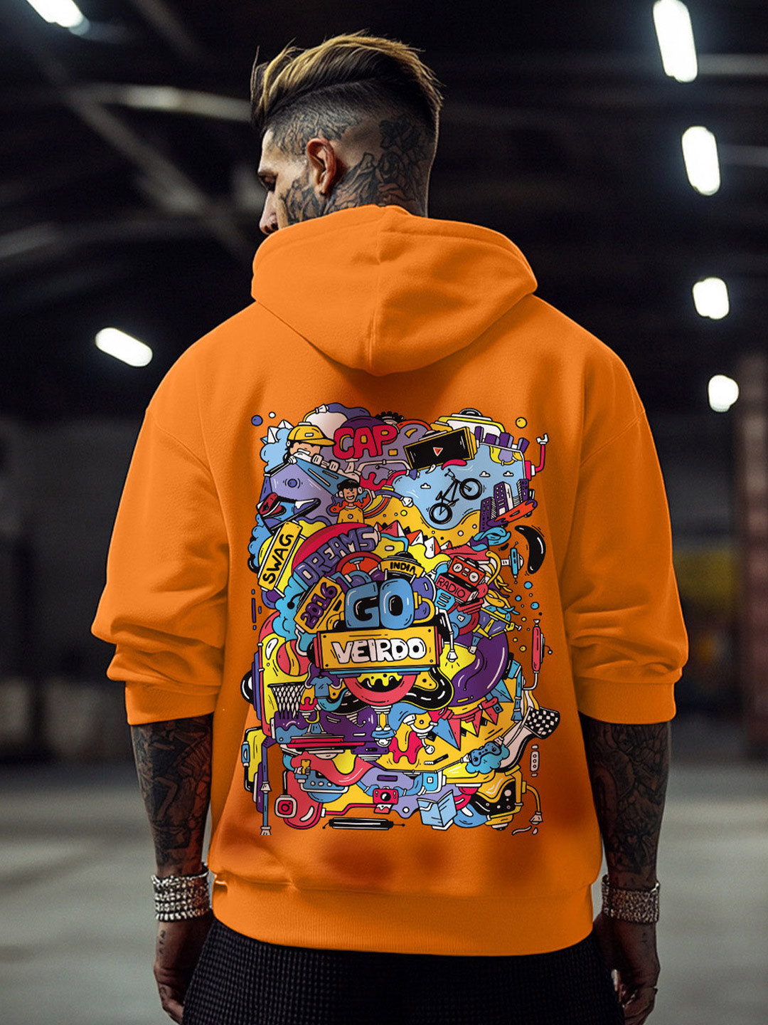 VEIRDO Men Orange Graphic Printed Cotton Fleece Regular Fit Hooded Pullover Sweatshirt