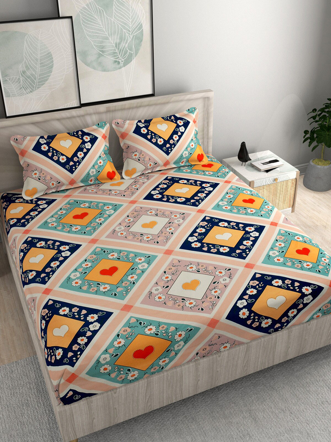 FINE TEX WORLD Pink Floral Microfiber 210 TC Fitted King Superfine Bedsheet with 2 Pillow Covers-72 x 78 inches