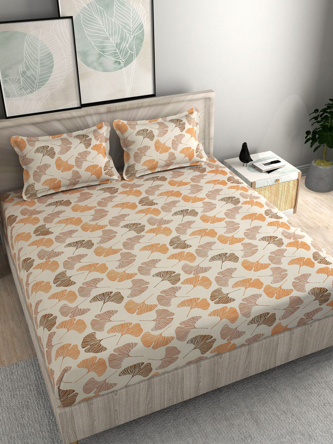 FINE TEX WORLD Brown Floral Microfiber 210 TC Fitted King Superfine Bedsheet with 2 Pillow Covers-72 x 78 inches