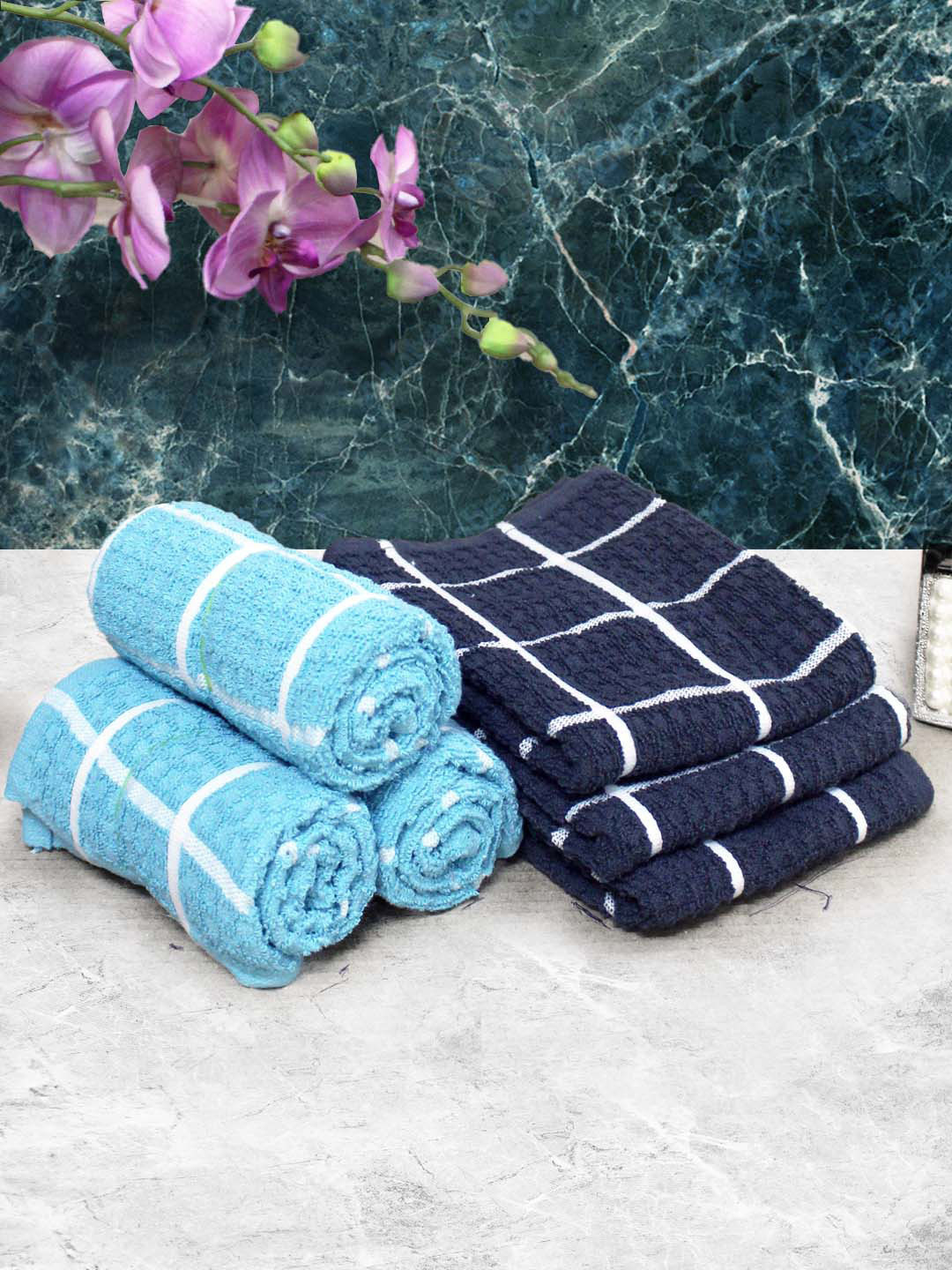 Athom Living Light Blue & Navy Blue 6 Pieces Checked Cotton 150 GSM Soft Hand Towels