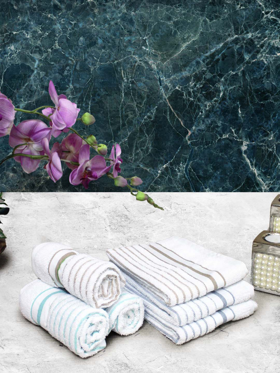 Athom Living Sea Green & white 6 Pieces Striped Cotton 150 GSM Soft Hand Towels