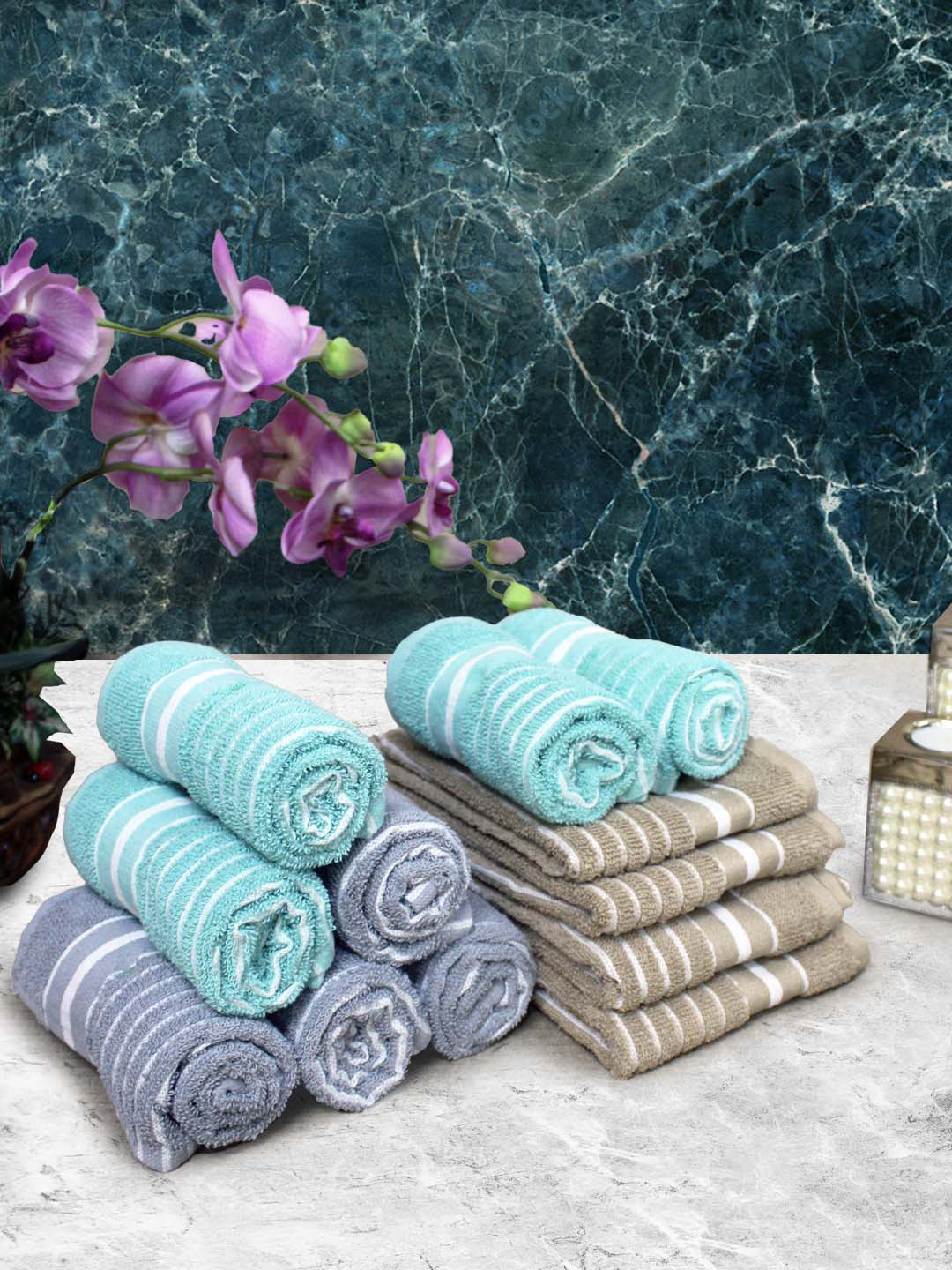 Athom Living Sea Green & Beige 12 Pieces Striped Cotton 150 GSM Soft Hand Towels