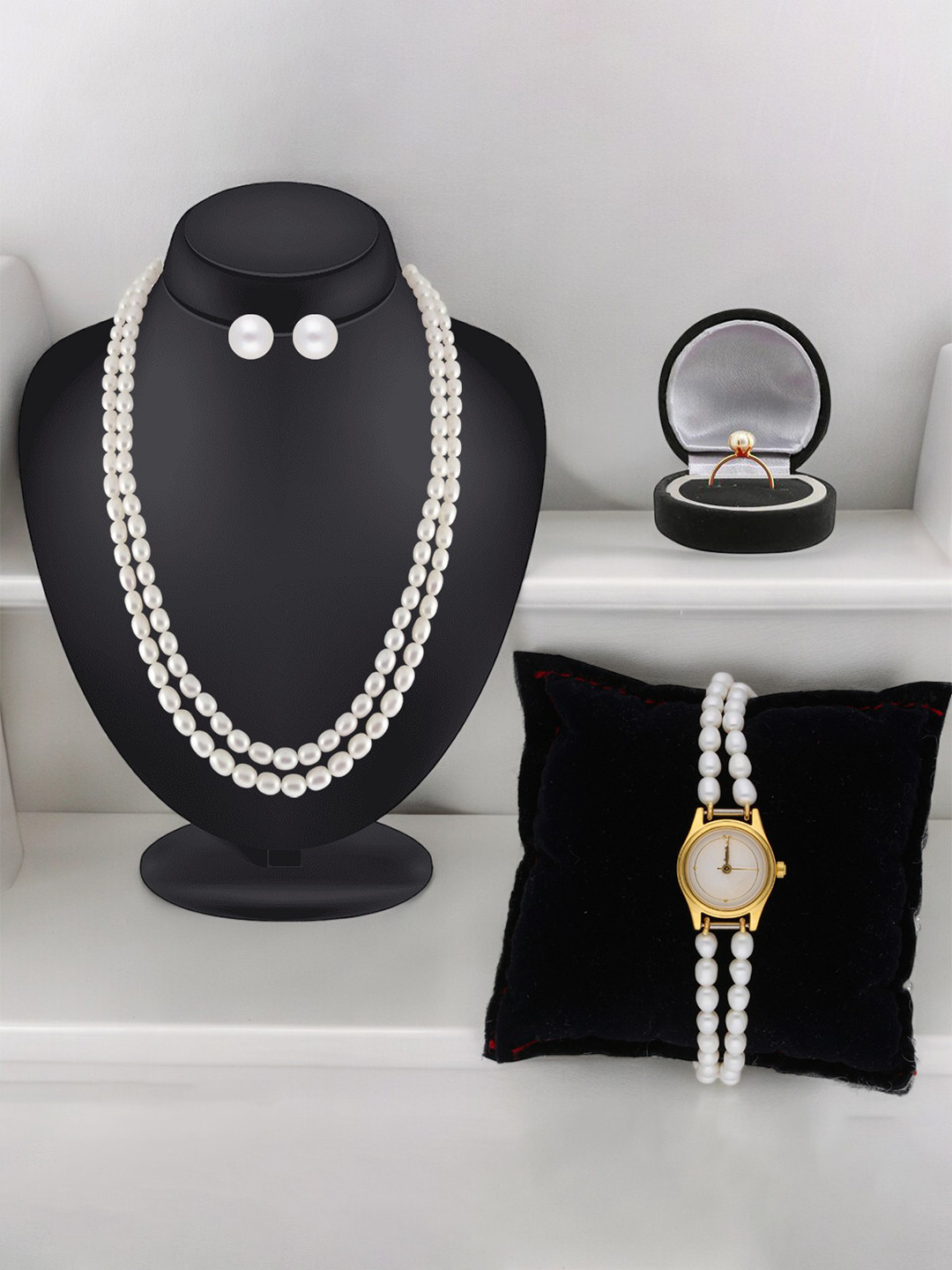Sri Jagdamba Pearls Dealer Gold-Plated Pearl Studded & Beaded Jewellery Set With Watch