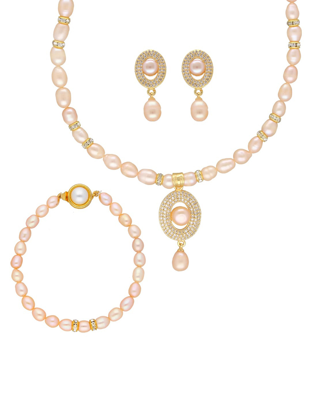 Sri Jagdamba Pearls Dealer Gold-Plated Pearl-Studded Necklace & Earrings With Bracelet