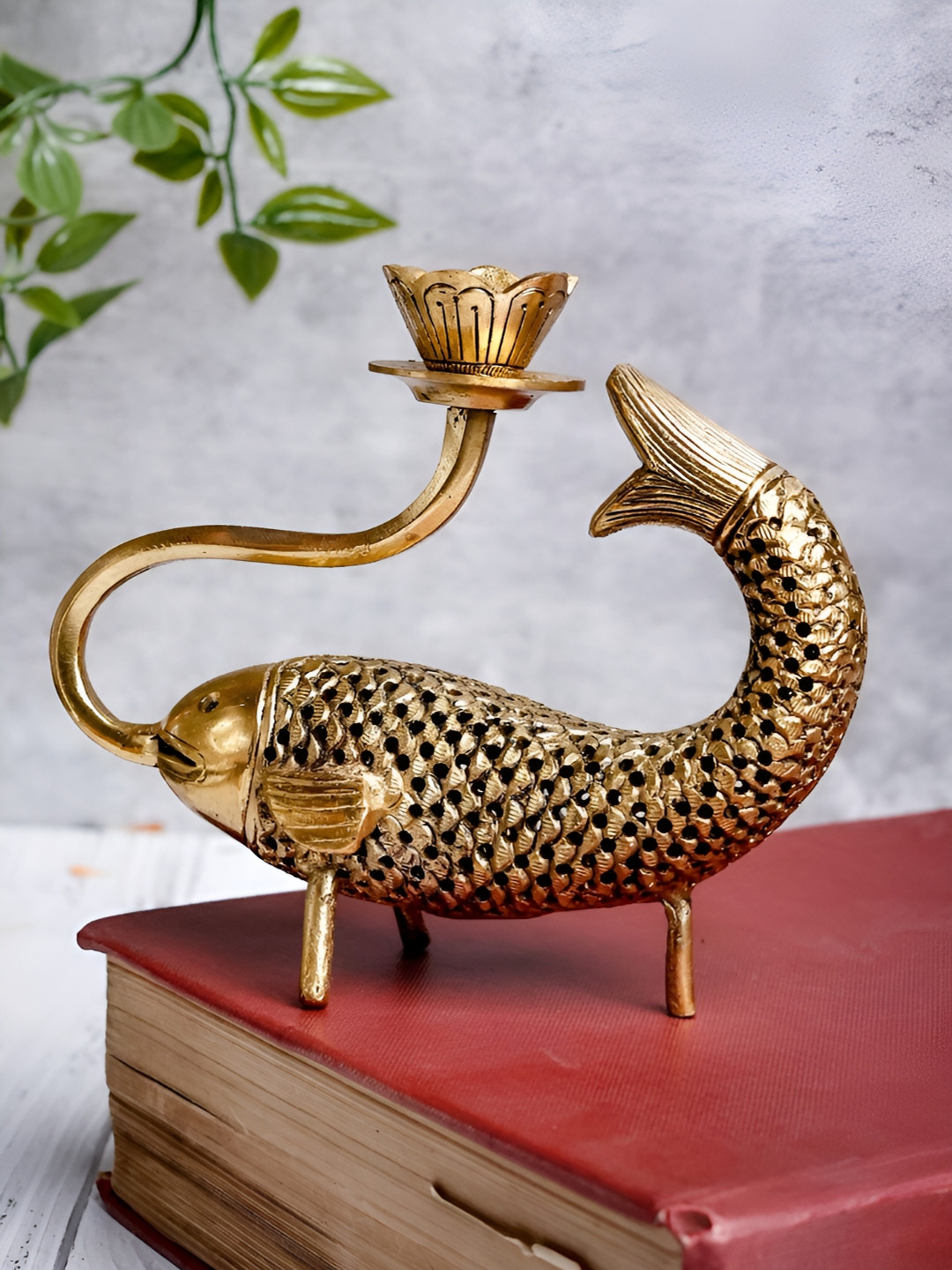 The Advitya Vintage Fish Candle Stand Gold Brass Metallic Living Room Small Showpiece - 5.9 Inches