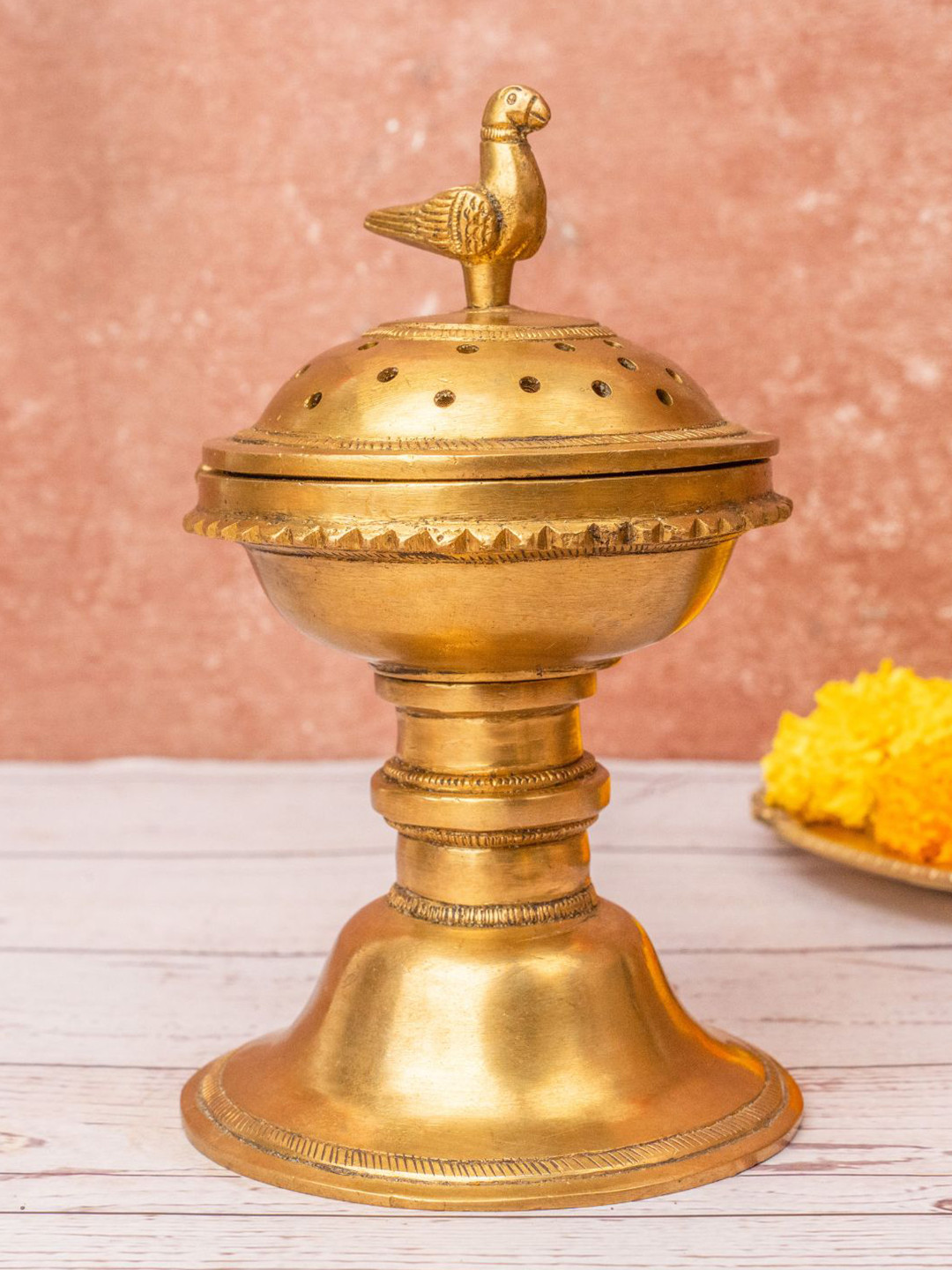 The Advitya Gold Toned Brass Handcrafted Parrot Incense Burner Pooja Essential