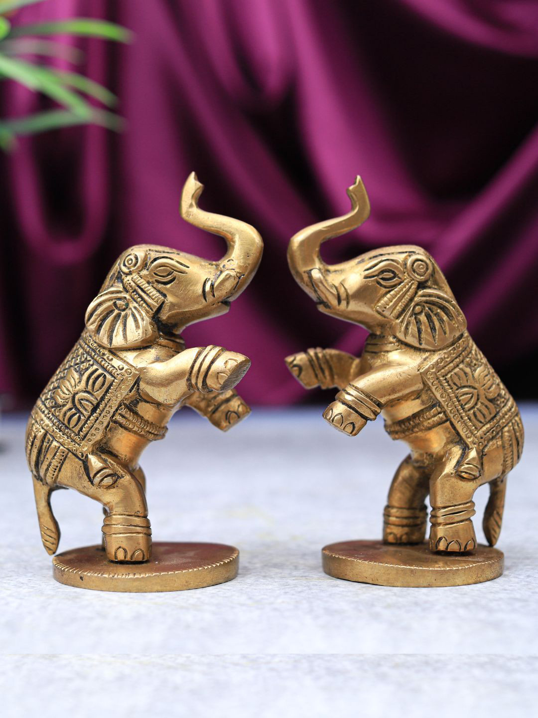 The Advitya Elephant Jumping Pair Gold Brass Metallic Prayer Room Set of 2 Small Showpieces - 4.4 Inches