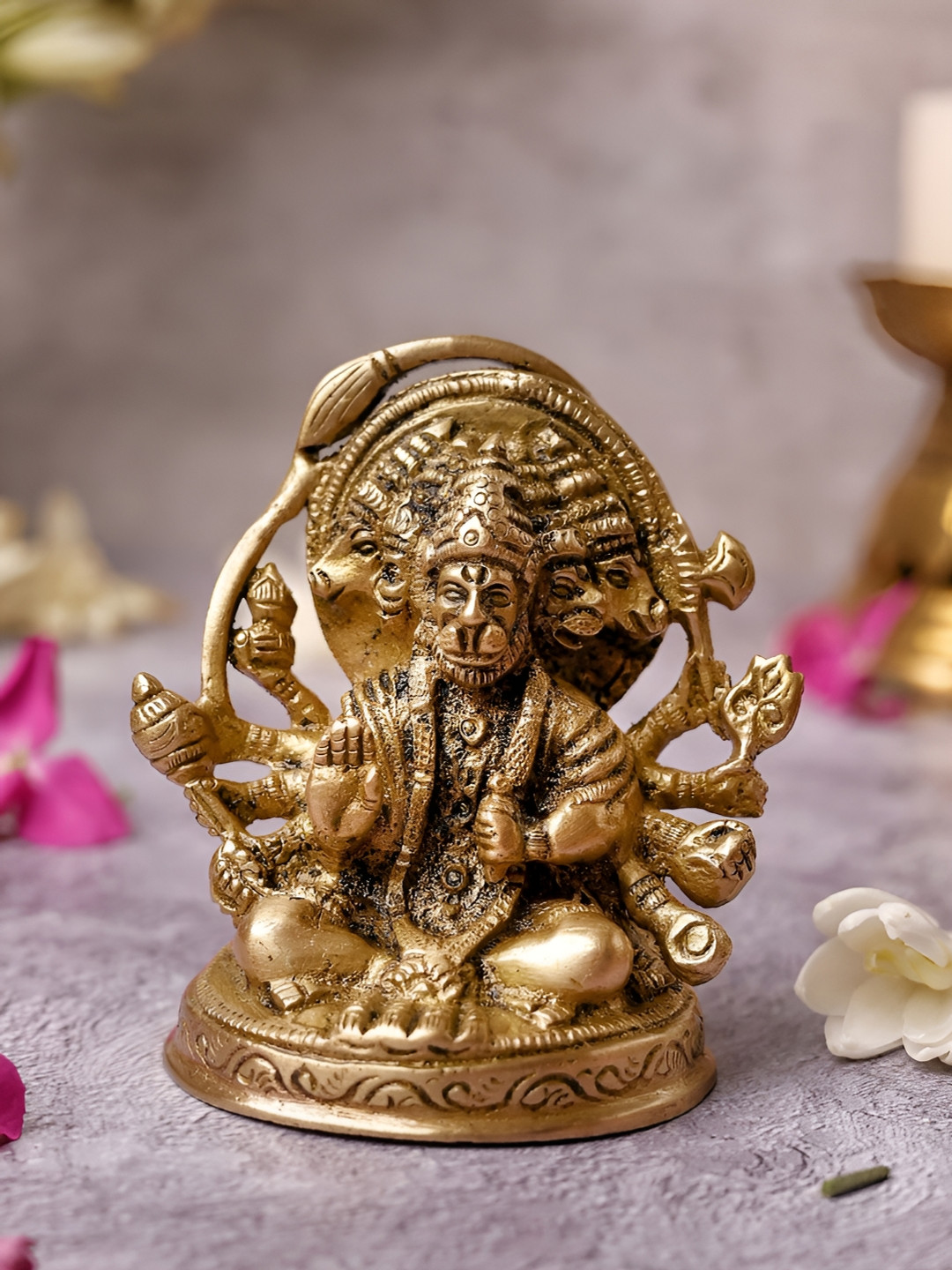 The Advitya Panchmukhi Hanuman Gold Brass Metallic Prayer Room Small Showpiece - 3.7 Inches