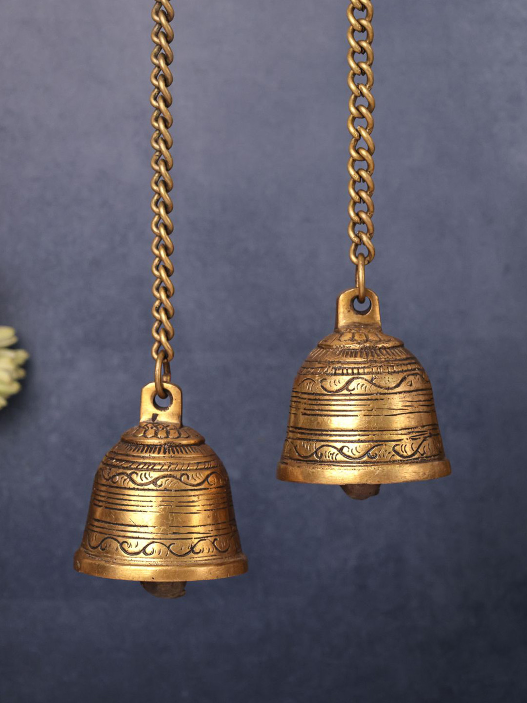 The Advitya Hanging Bell with Chain Gold Brass Metallic Prayer Room Hand-Crafted Set of 2 Medium Showpieces - 17.7 Inches