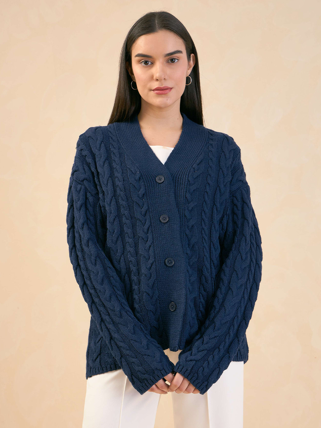 SALT ATTIRE Cable Knit Self Design V-Neck Cardigan Sweater