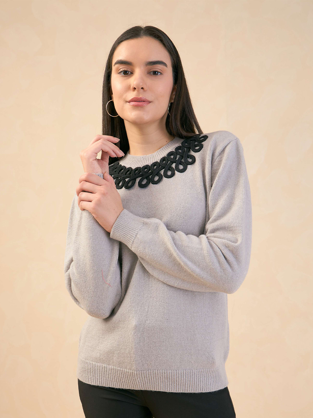 SALT ATTIRE Embroidered Long Sleeves Cotton Pullover Sweater