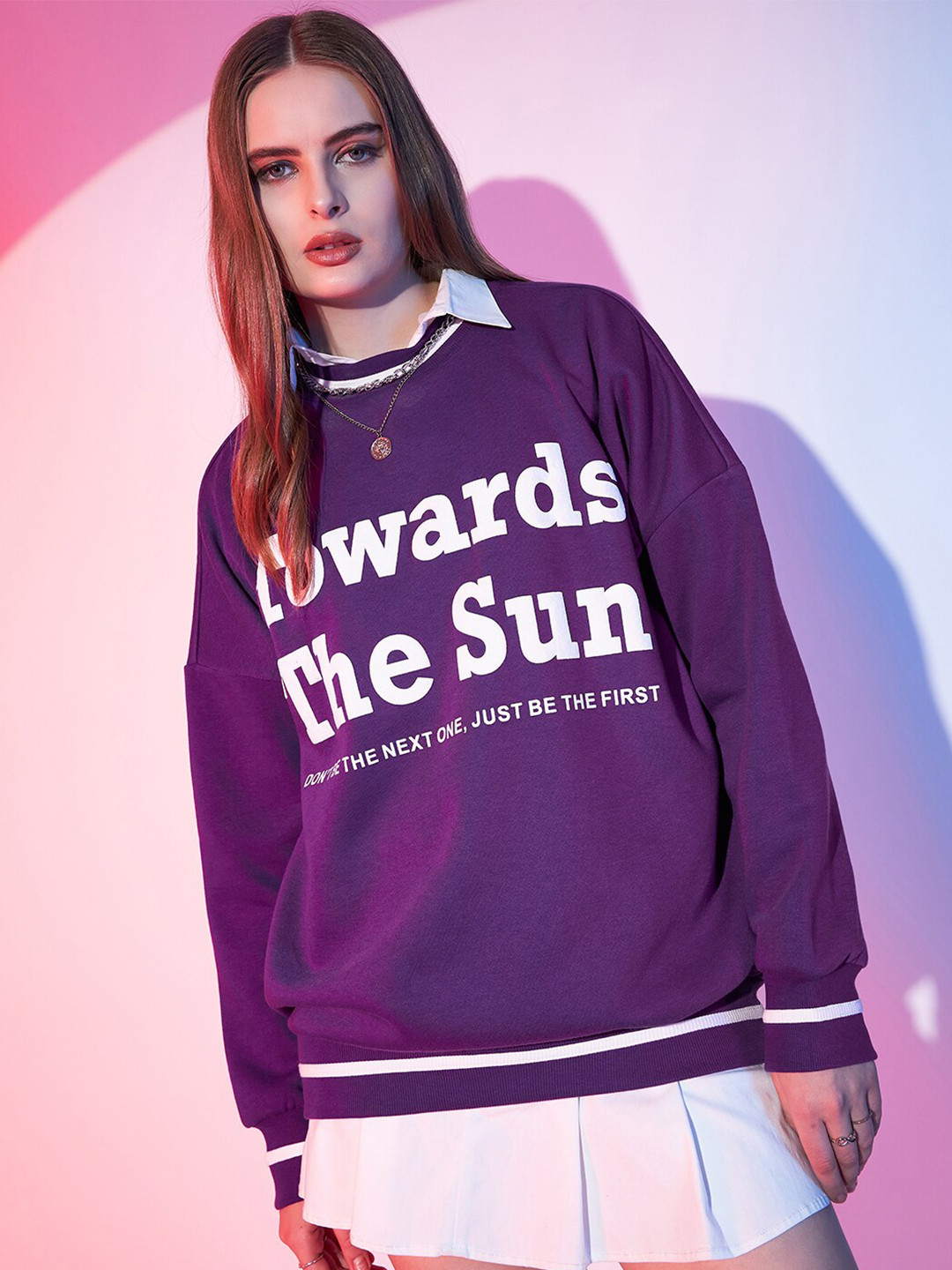 STREET 9 Typography Printed Shirt Collar Fleece Pullover Sweatshirt