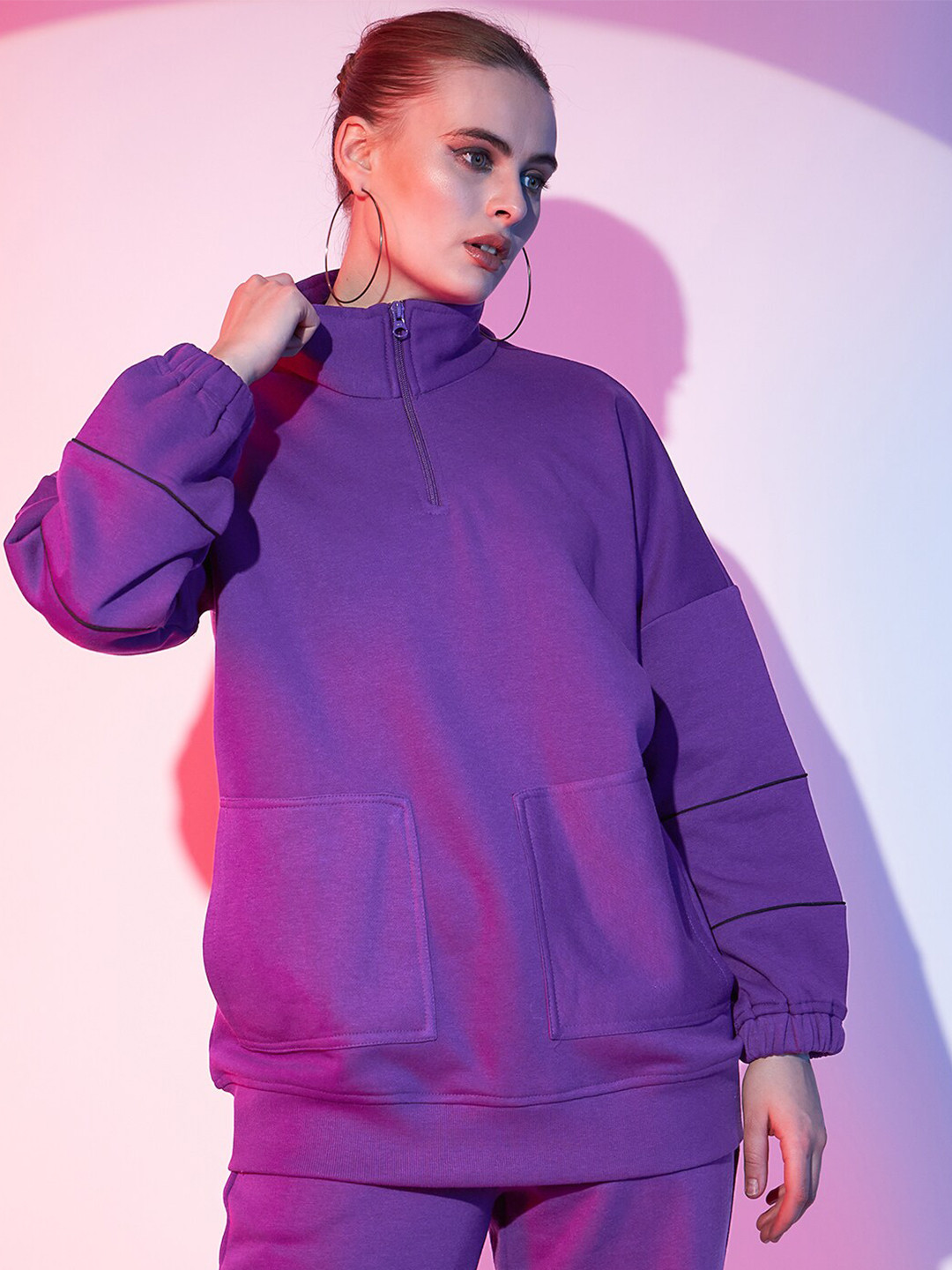 STREET 9 High Neck Half Zipper Fleece Pullover Sweatshirt