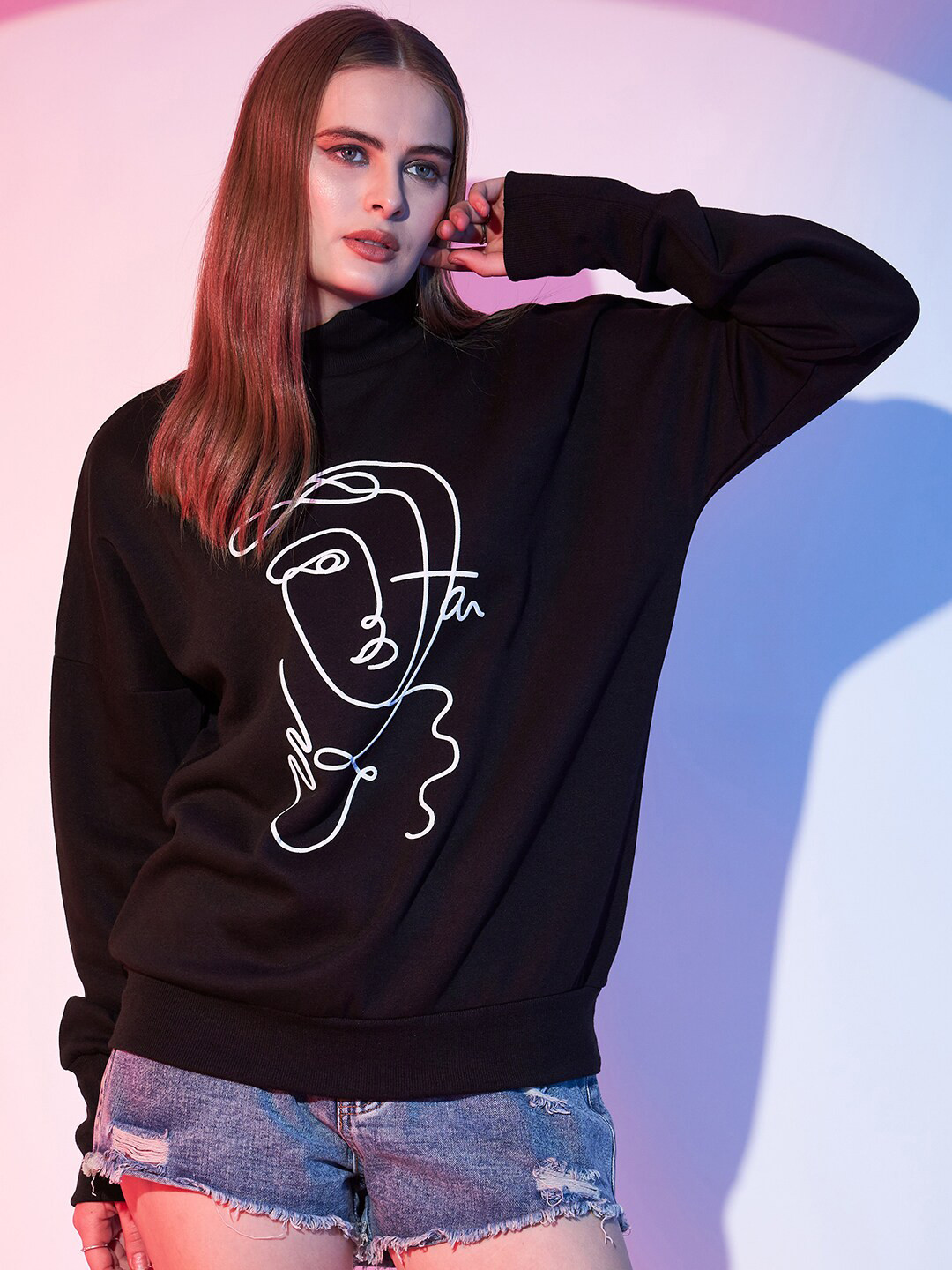 STREET 9 Graphic Printed Turtle Neck Fleece Pullover Sweatshirt