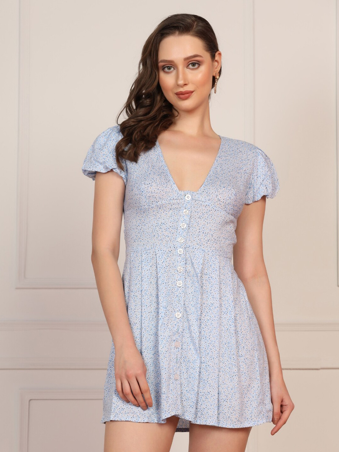 STARIN Blue & White Floral Printed V-Neck Puff Sleeves A-Line Mini Dress