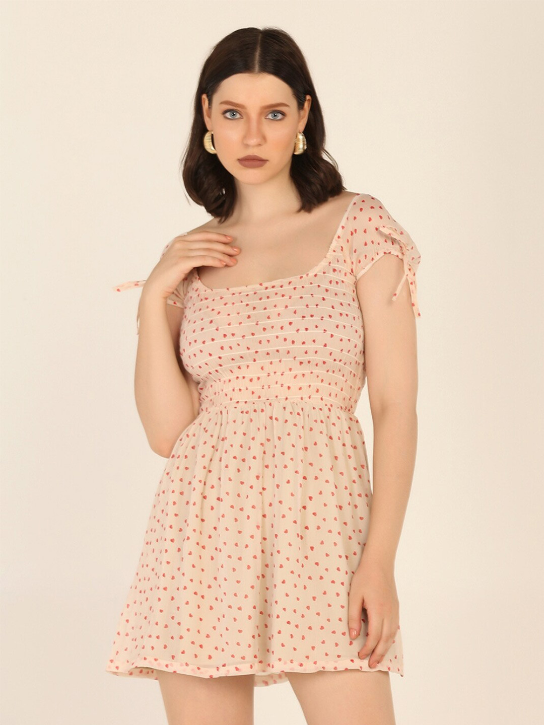 Beige and Red Graphic Printed Fit & Flare Mini Dress