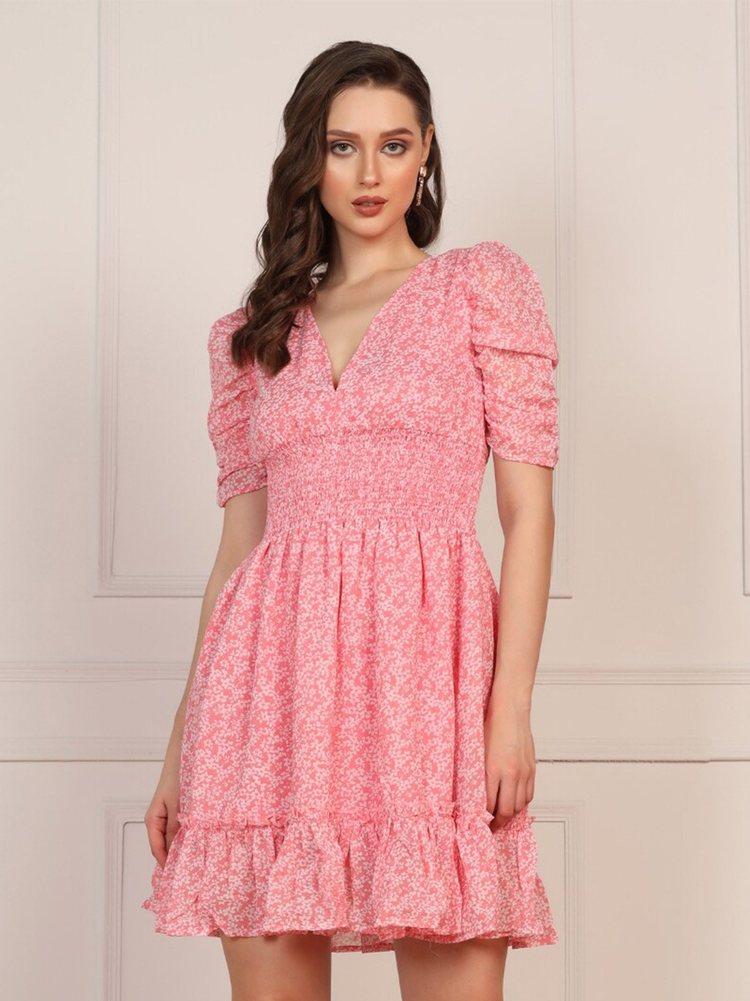 STARIN Floral Printed V-neck Smocked A-Line Dress