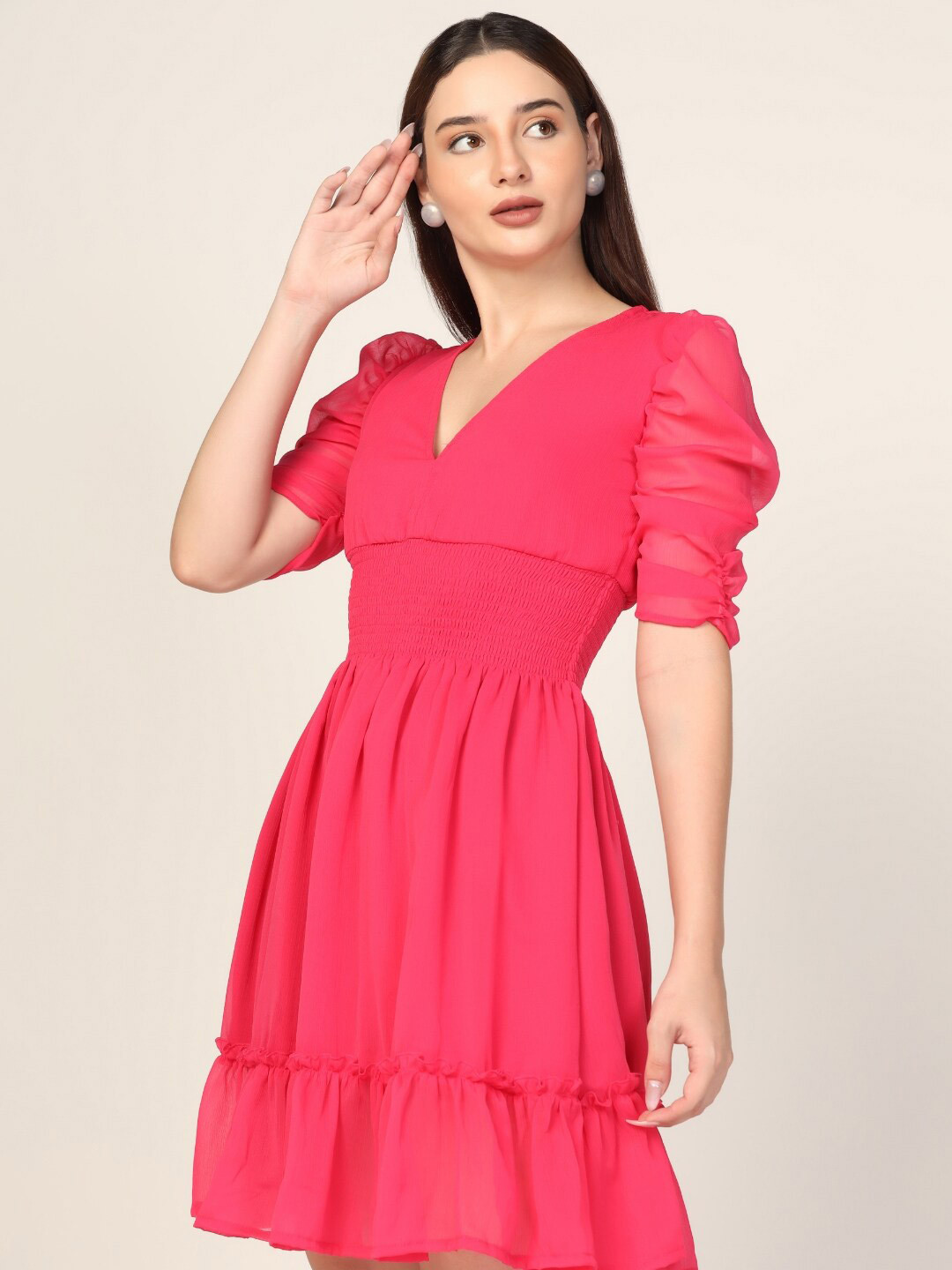 STARIN Puff Sleeves Gathered Smocked Georgette Fit & Flare Dress