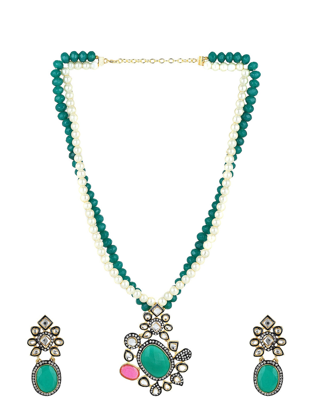 Yellow Chimes Gold-Plated Kundan Studded & Beads Beaded Necklace With Earrings