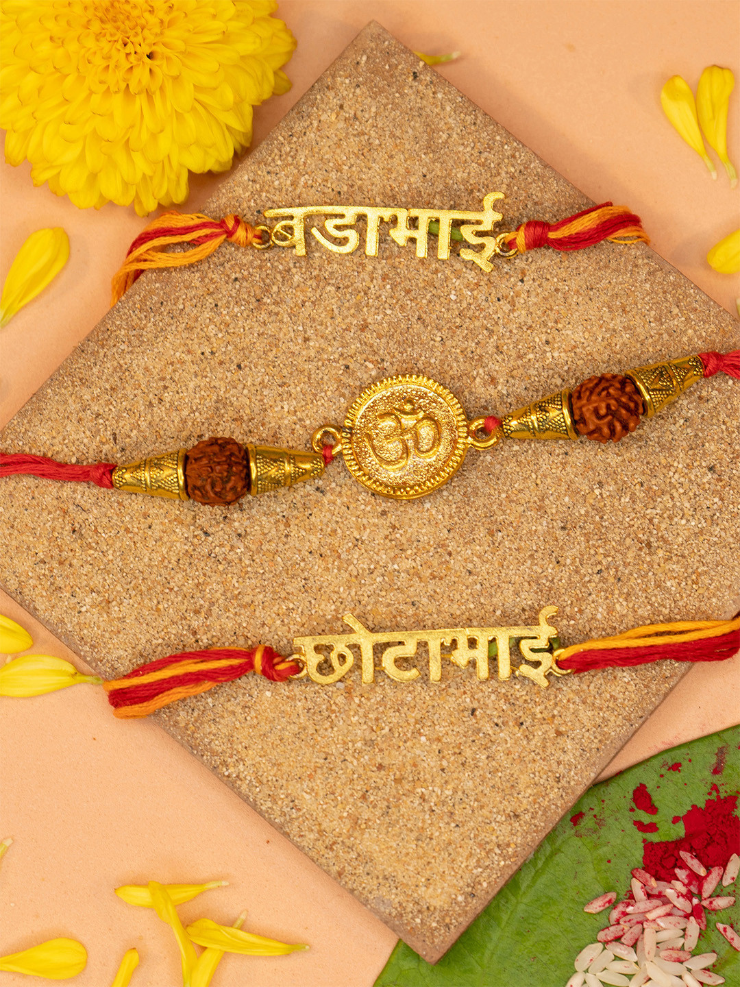 Yellow Chimes Set Of 3 Rakhi With Roli Rice & Greeting Card