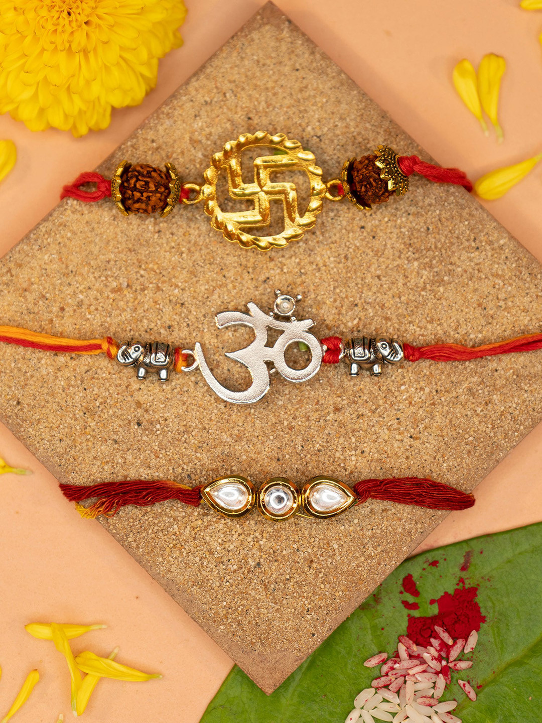 Yellow Chimes Set Of 3 Rakhi With Roli Rice & Greeting Card