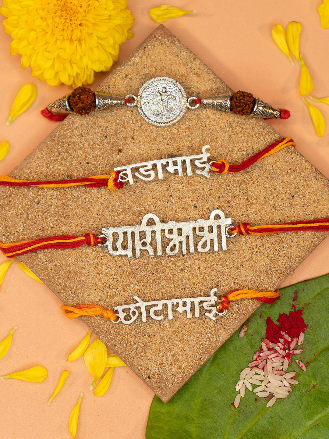 Yellow Chimes Set Of 4 Rakhi With Roli Rice & Greeting Card