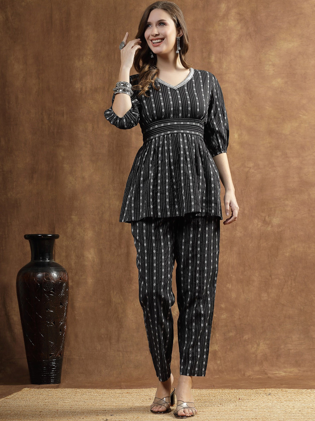 Stylum Woven Design Mirror Work Pure Cotton Top & Trousers Co-Ord