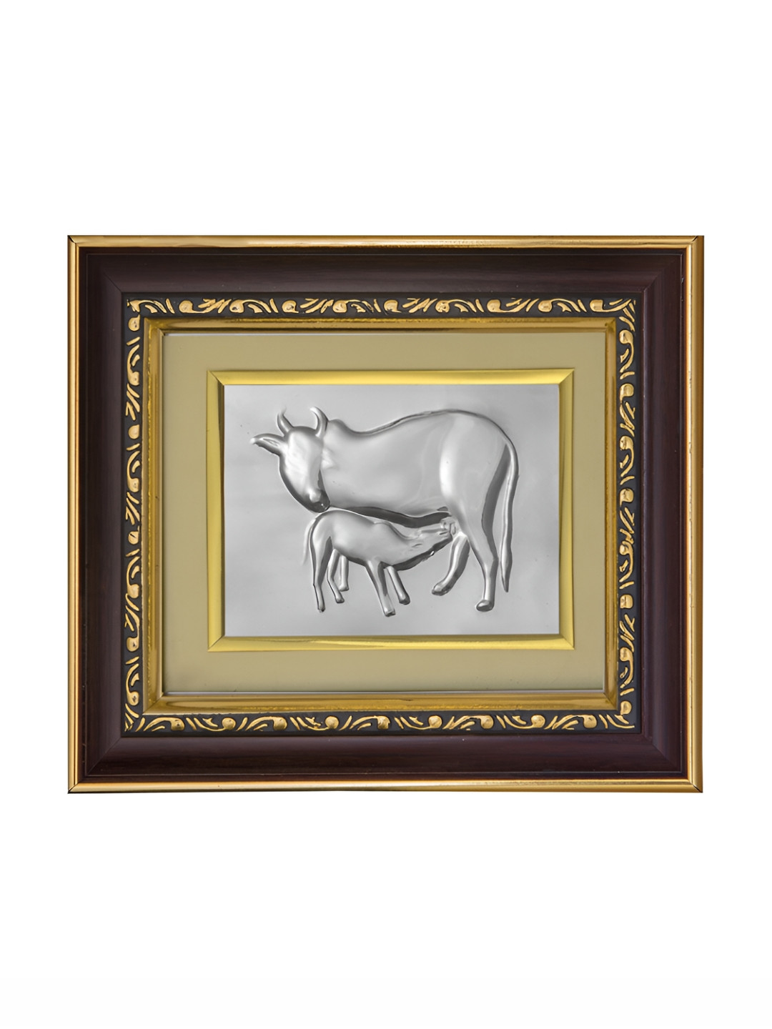 Pray Everyday Brown & Silver-Plated Cow Feeding Calf Self Design Wall Photo Frame
