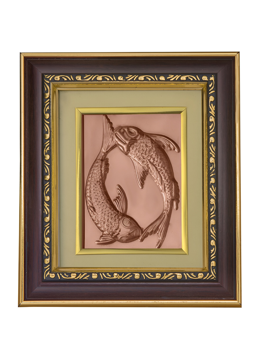 Pray Everyday Brown & Copper Toned Two Fishes in Water Self Design Wall Photo Frame