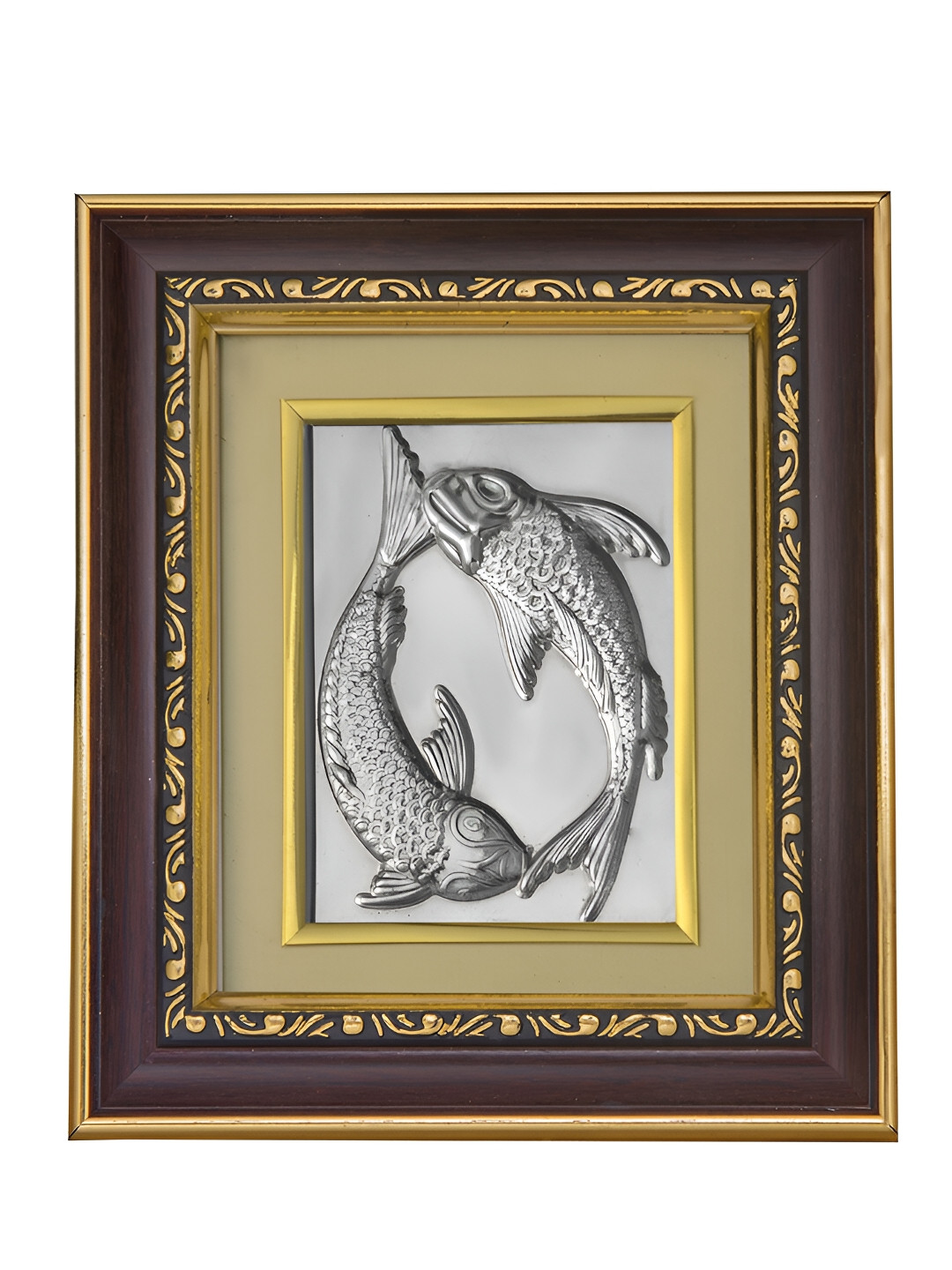 Pray Everyday Brown & Silver-Plated Two Fishes in Water Self Design Wall Photo Frame
