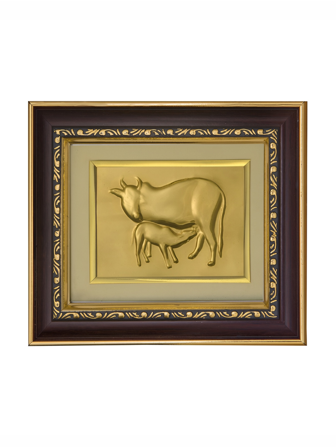 Pray Everyday Brown & Gold-Plated Cow Feeding Calf Self Design Wall Photo Frame