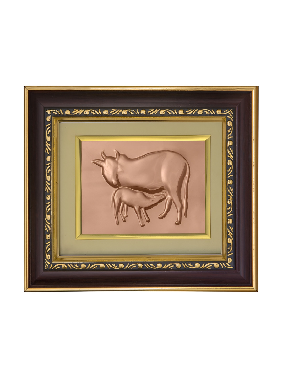 Pray Everyday Brown & Copper Toned Cow Feeding Calf Self Design Wall Photo Frame