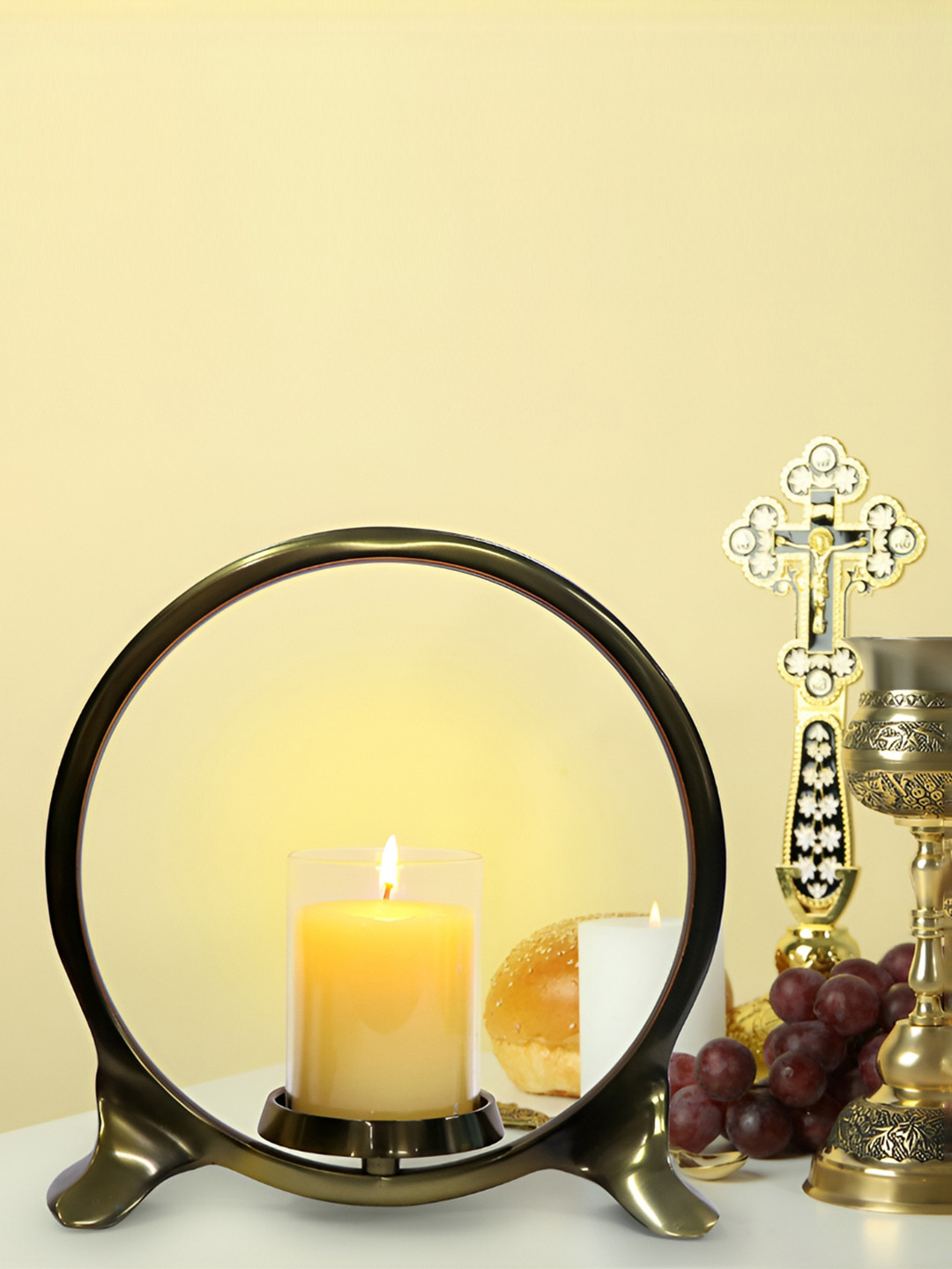 House of Sajja Brown &Gold-Tone Circular Shape Candle Holder