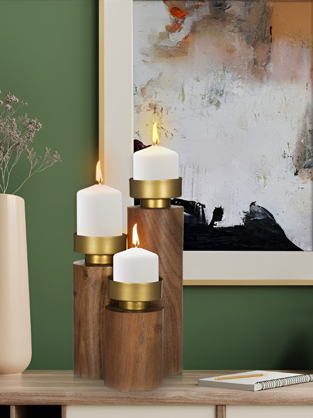 House of Sajja Brown& Gold-Tone 3Pcs Wooden Candle Holder