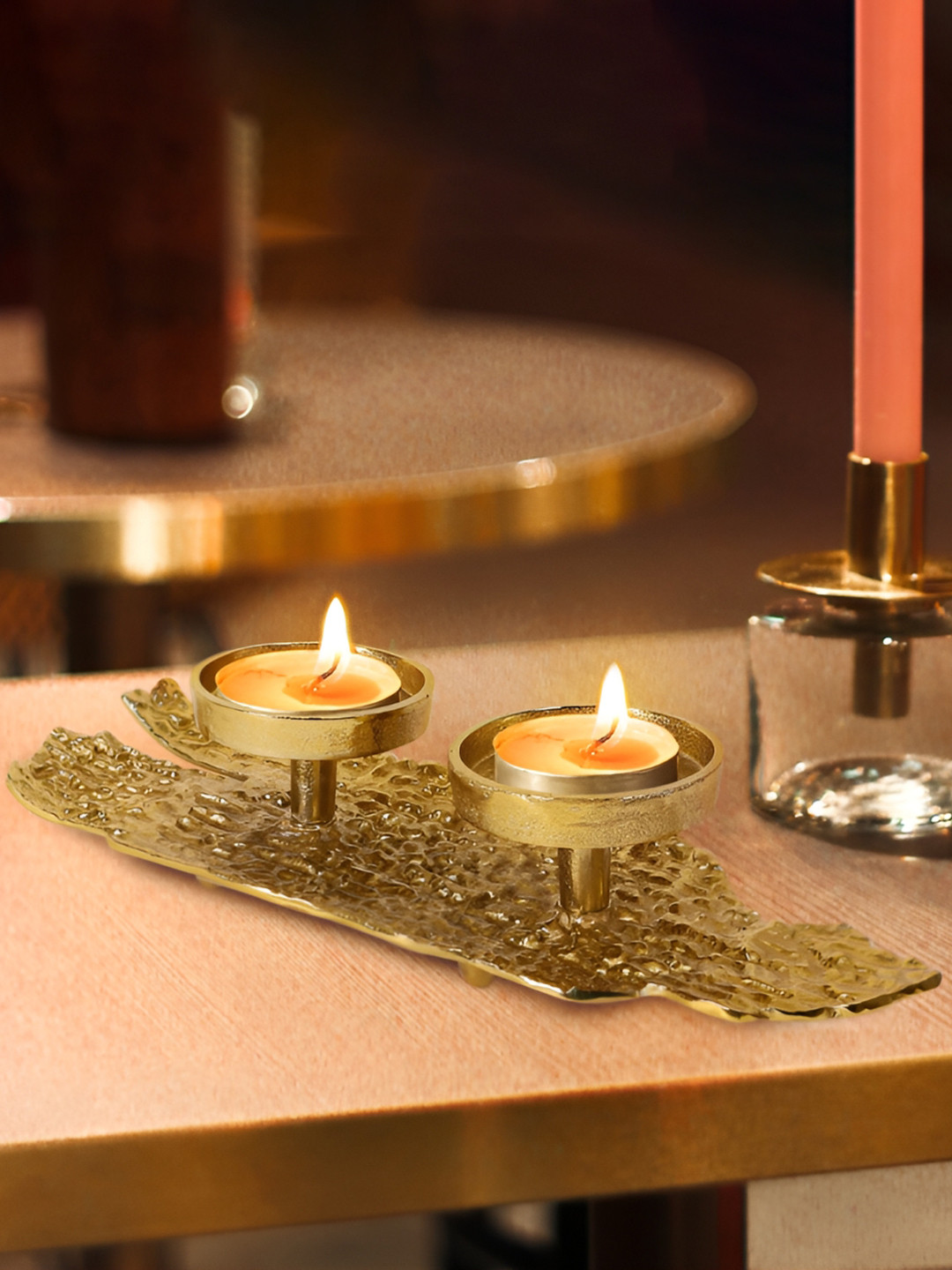 House of Sajja Gold-Toned Platter Design Candle Holder