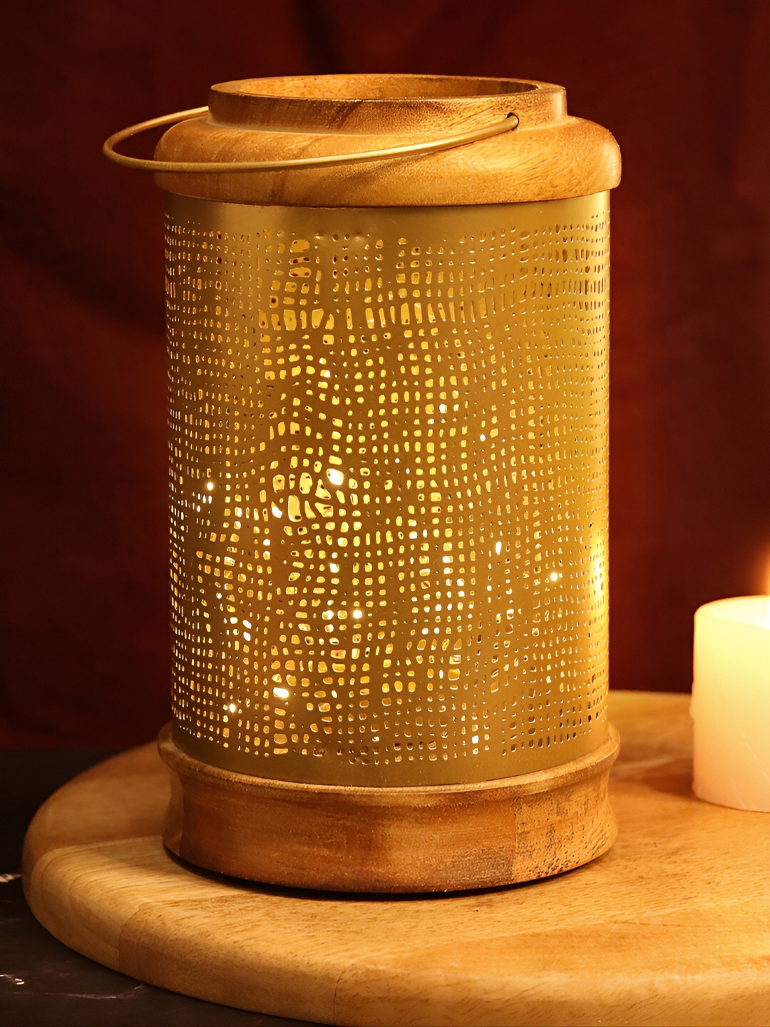 House of Sajja Brown &Gold- Tone Lantern Design Candle Holder