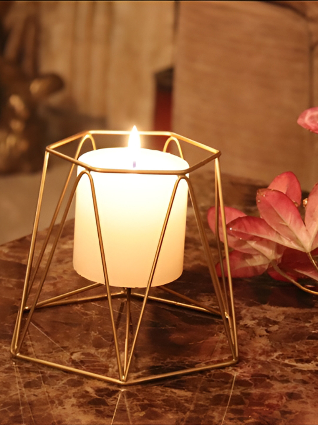 House of Sajja Gold-Toned Hexagon Design Candle Holder