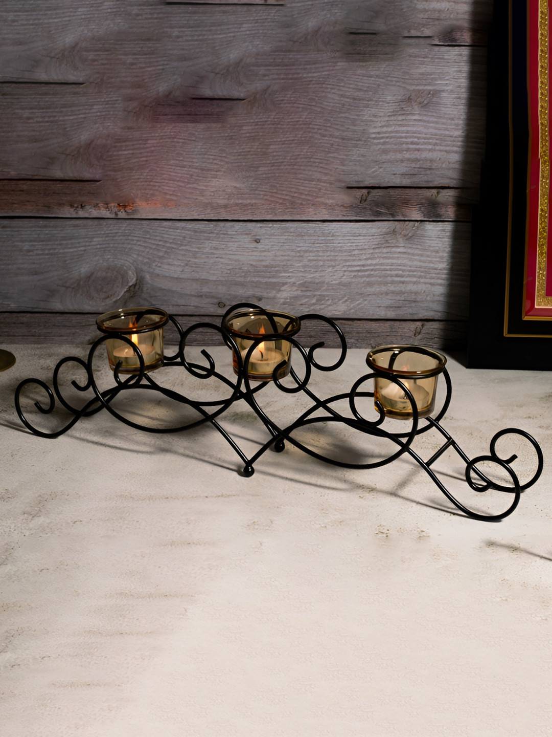 House of Sajja Black& Gold-Tone Wave Pattern Candle Holder