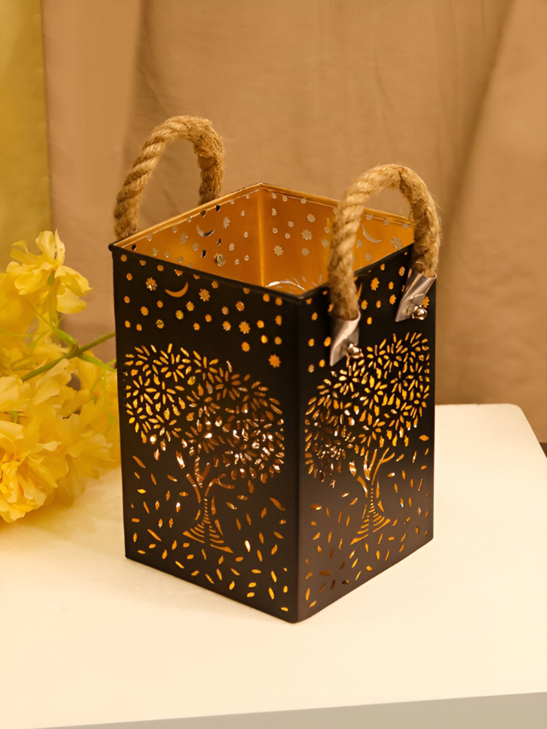 House of Sajja Black& Yellow Textured Tree Design Candle Holder