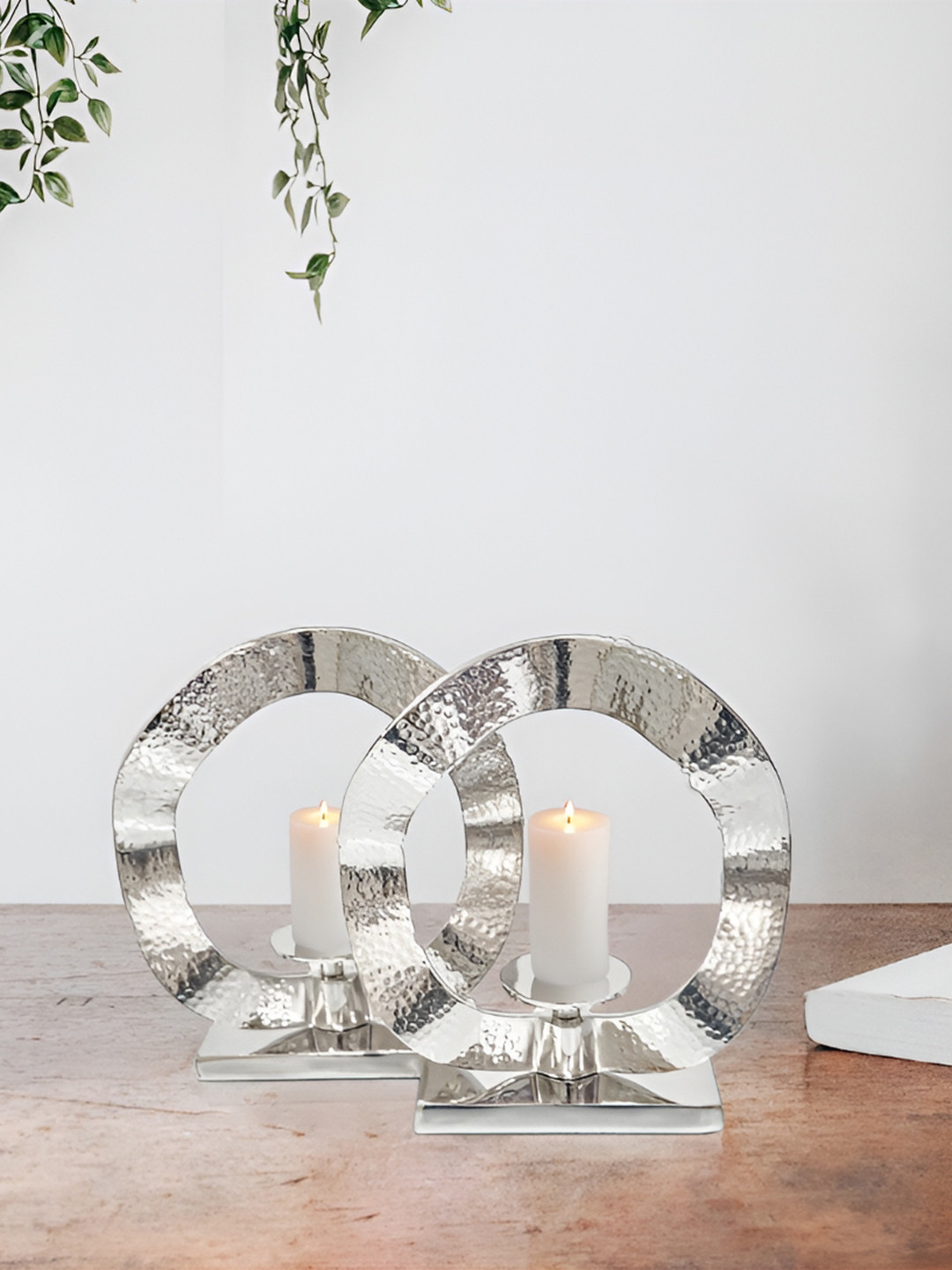 House of Sajja Silver-Toned Textured Double Ring Design Candle Holder