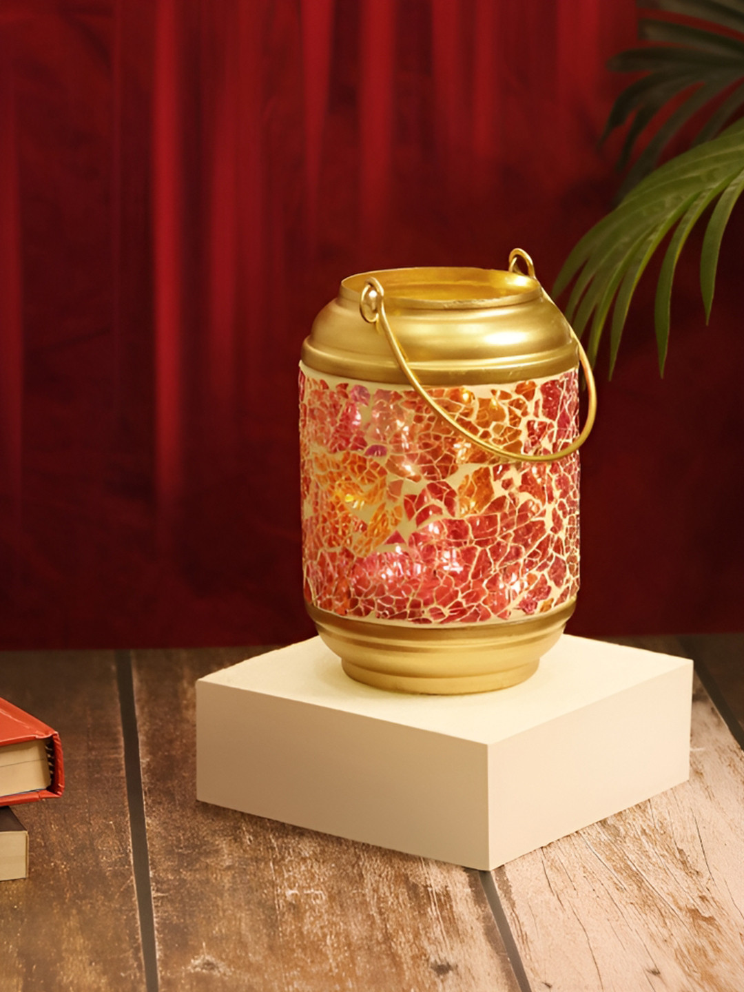 House of Sajja Gold-Toned & Maroon Mosaic Design Candle Holder