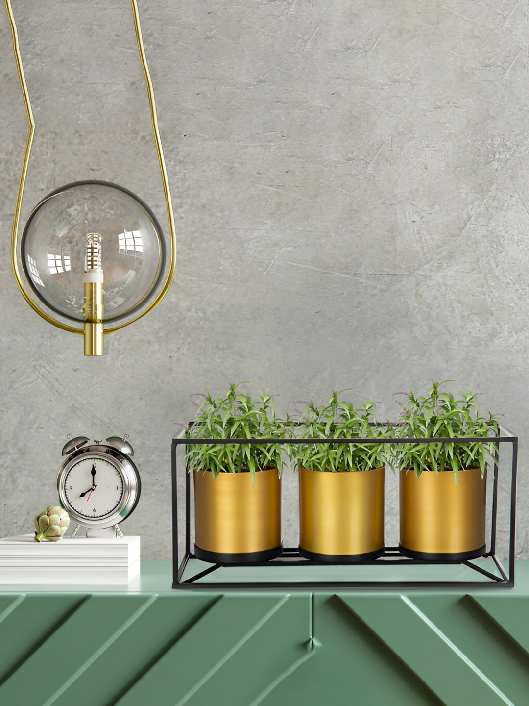 House of Sajja Gold Toned 3 Pieces Cylindrical Shaped Metal Planters With Stand