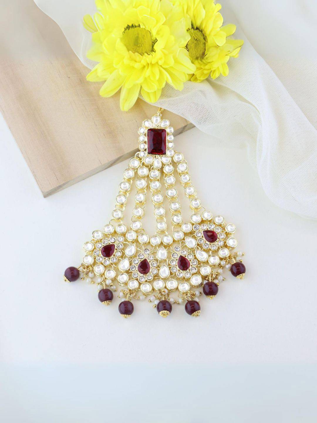 I Jewels Gold-Plated Kundan-Studded & Pearl Beaded Jhumar Passa Maang Tikka