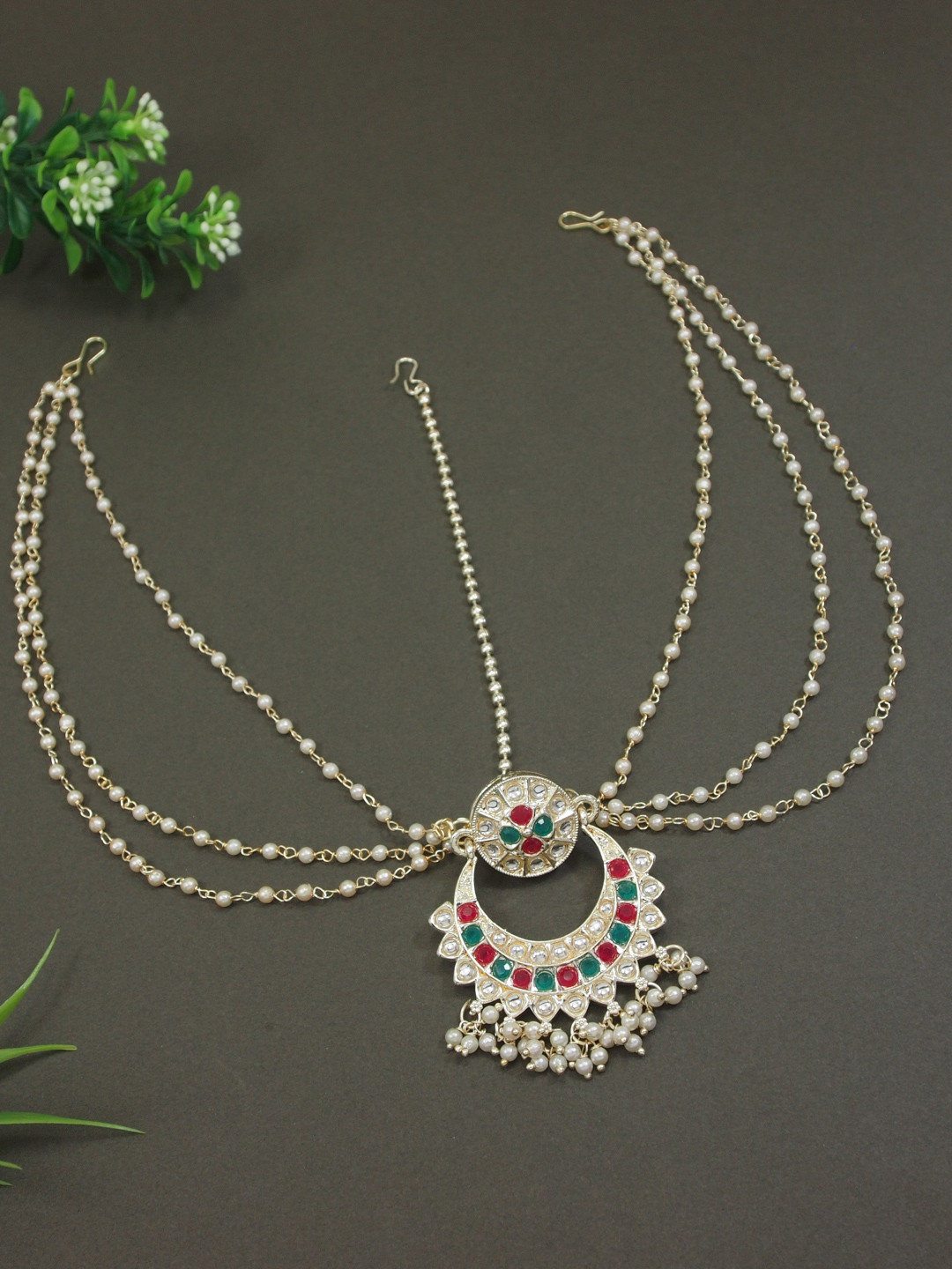 I Jewels Gold Plated Kundan Studded & Beaded Layered Matha Patti