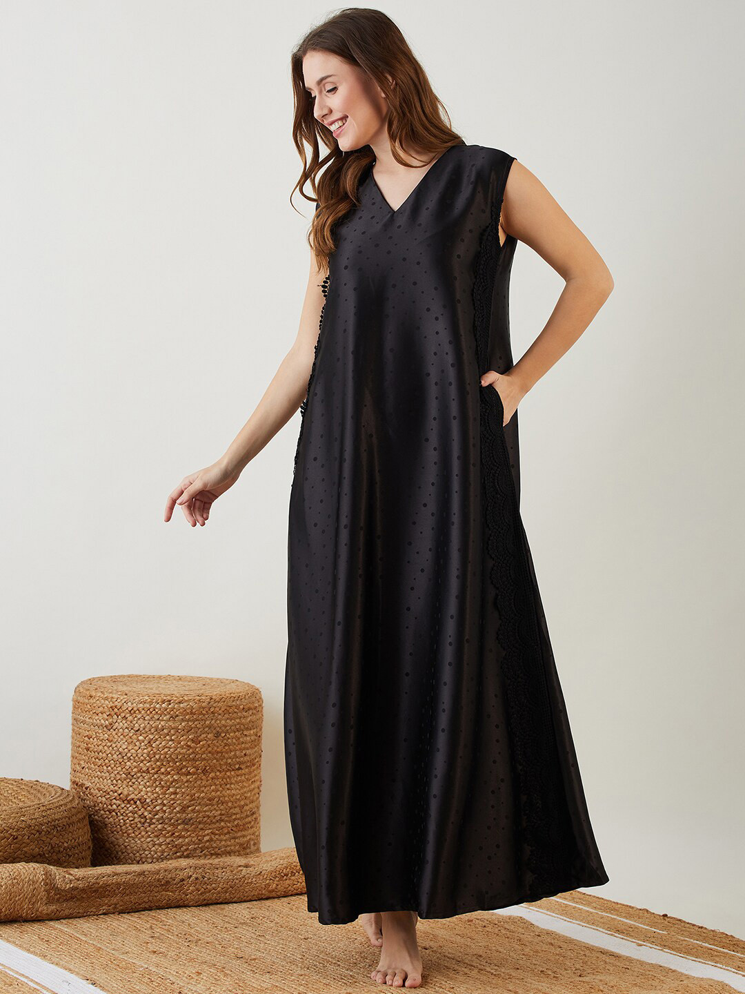 The Kaftan Company Polka Dots Printed Satin Maxi Nightdress