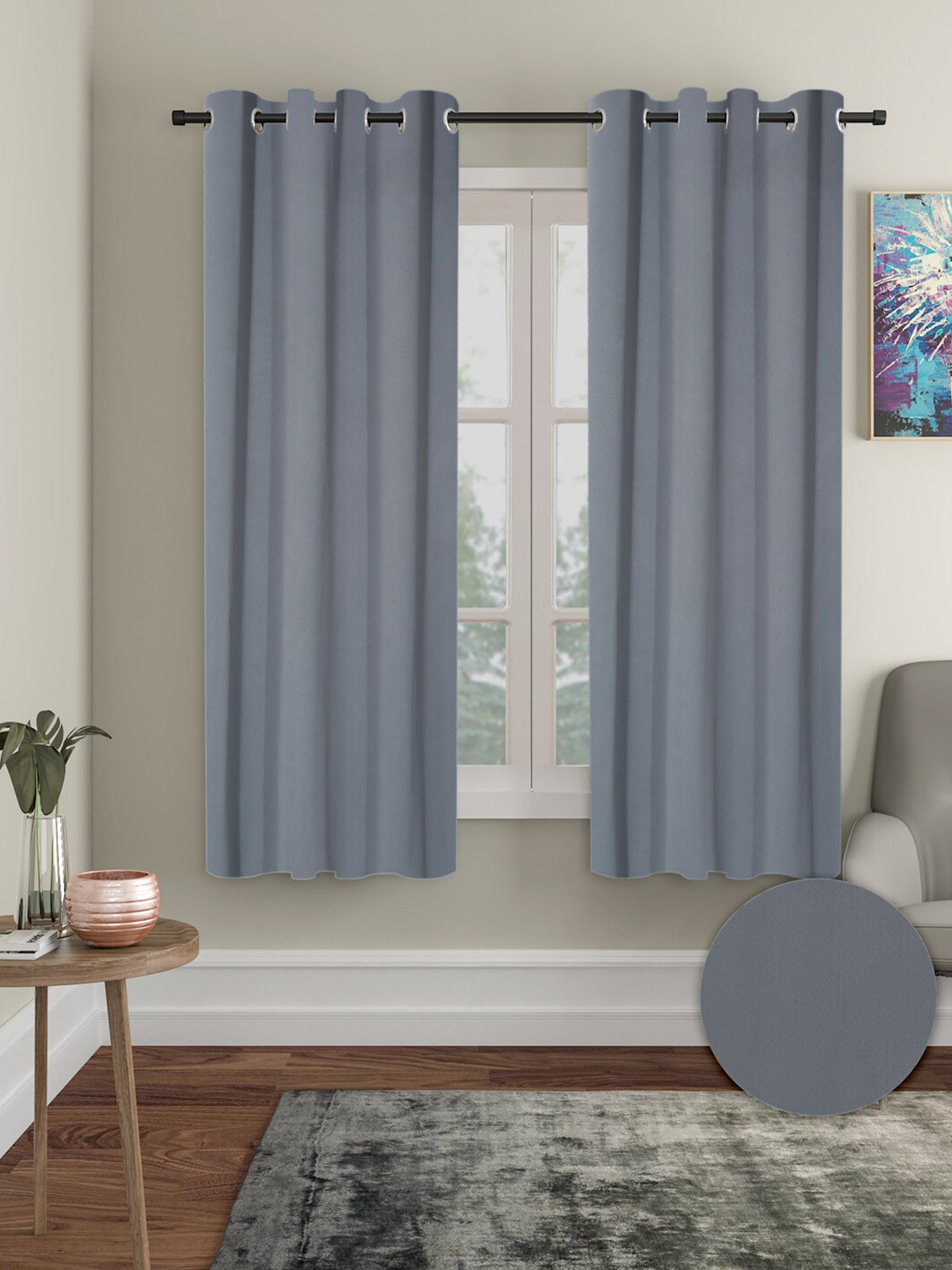 Aura Grey 2 Pcs Polyester Solid Blackout Window Curtain