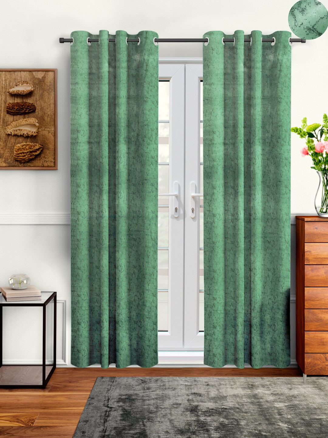 Aura Green 2 Pcs Velvet Solid Blackout Long Door Curtain